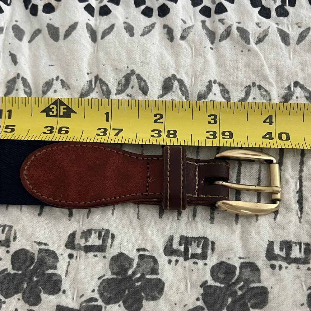 Men's Navy Canvas Belt with Brown Leather With Solid Brass Buckle Size 40